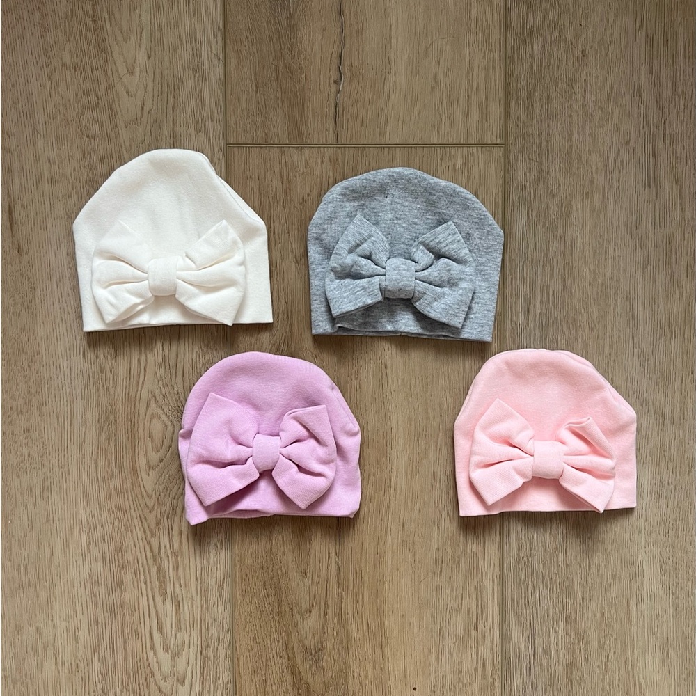 NWOT Premie Bow Beanie Set - Cream, Gray, Pink